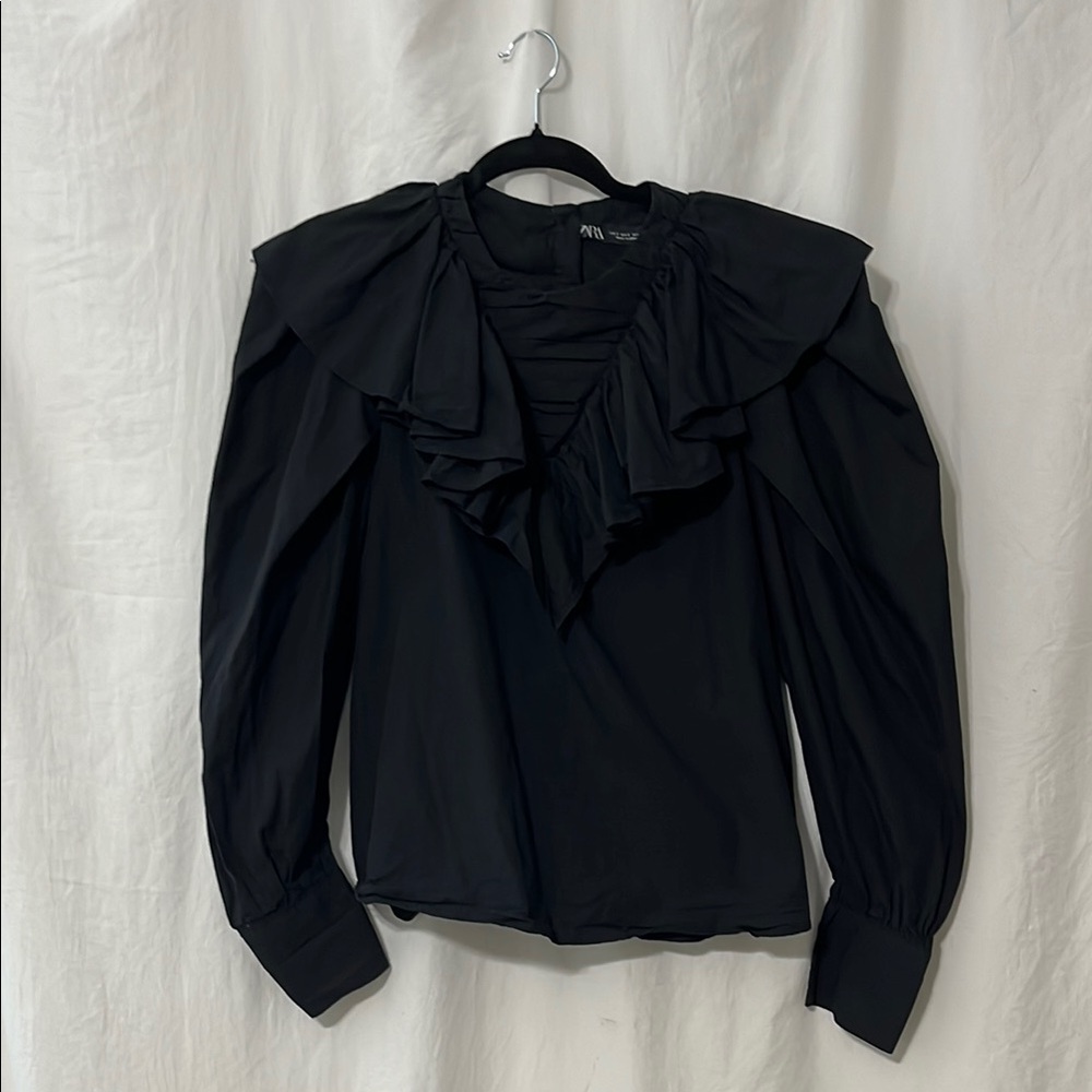Zara Black Puff Sleeve Ruffled Blouse